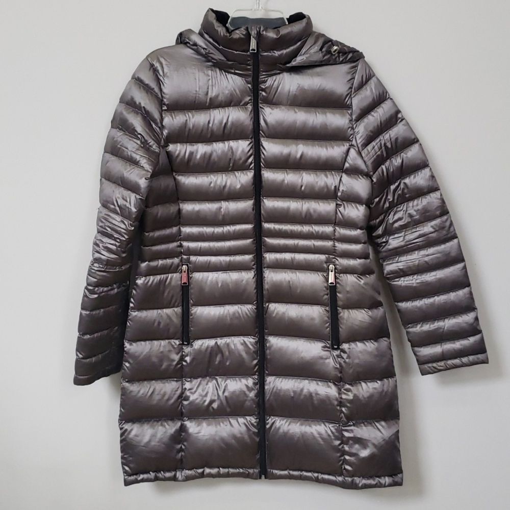 Andrew Marc Coat Womens M Packable Down Stadium Puffer Hooded Jacket Gunmetal